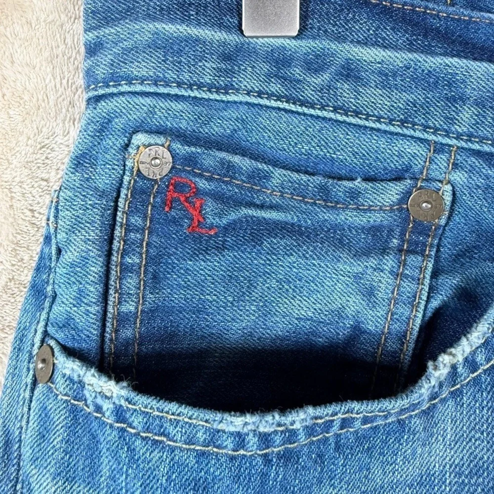 Polo Ralph Lauren Vintage 67 Mens Straight Leg Blue Denim Jeans 32x32 Raw Hem